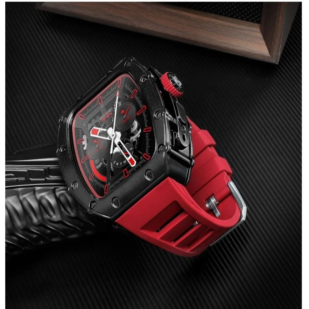 Hualimei Luxury Case Apple Watch Ultra 49mm Black Red Rugged Metal Band HLM49